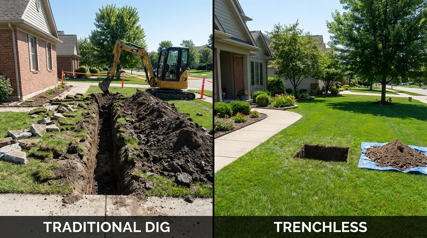Trenchless sewer repair with minimal yard damage versus traditional excavation in Beulah, ND