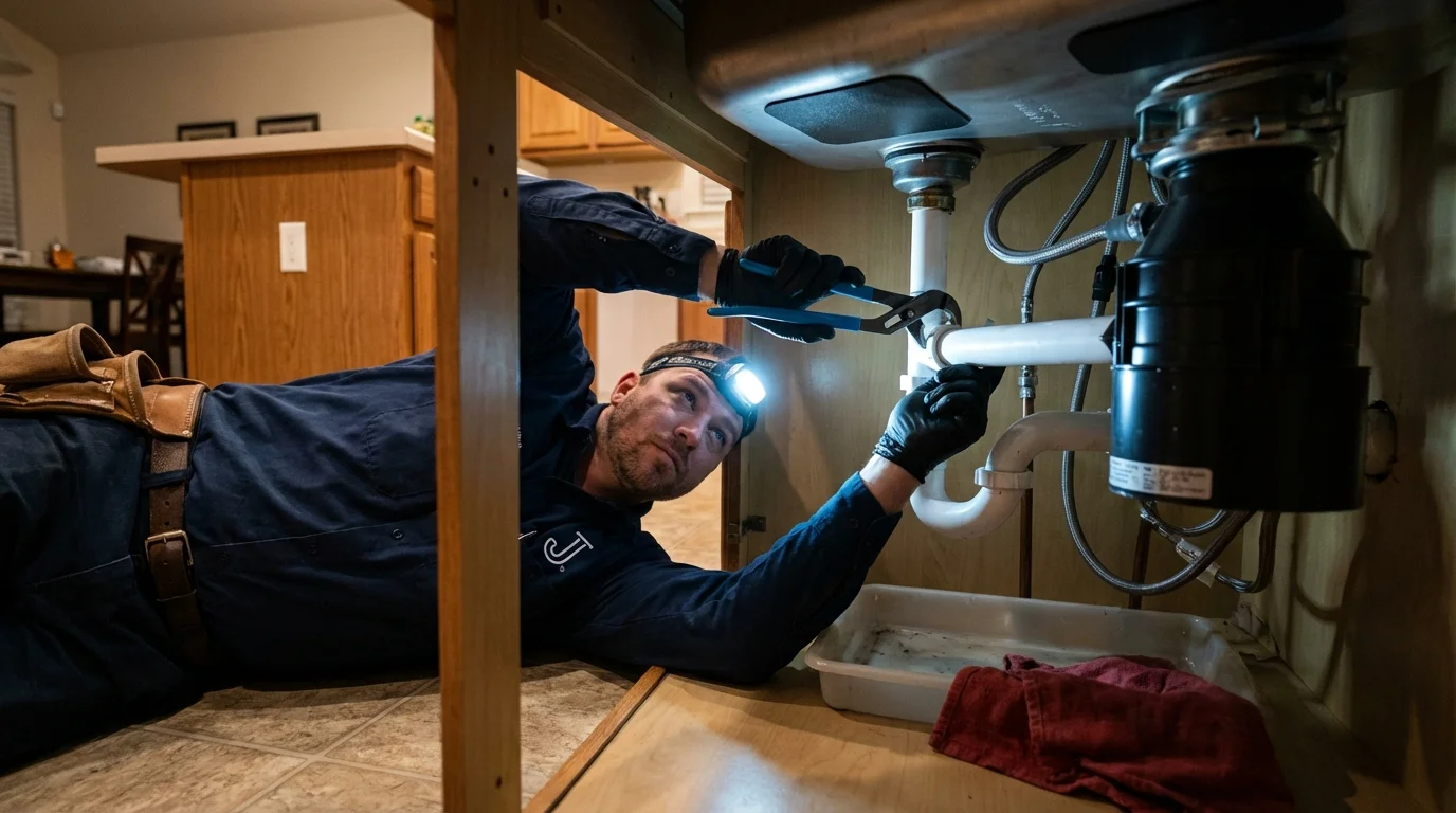 P-trap and supply line connections under a kitchen sink showing a common leak point in Beulah, ND